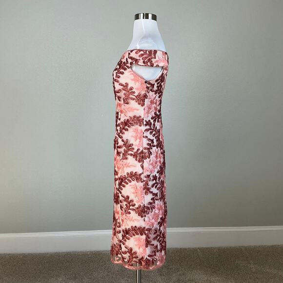 Adrianna Papell Sequin Off the Shoulder Cocktail Dress Pink Floral Midi Sheath - Picture 4 of 13